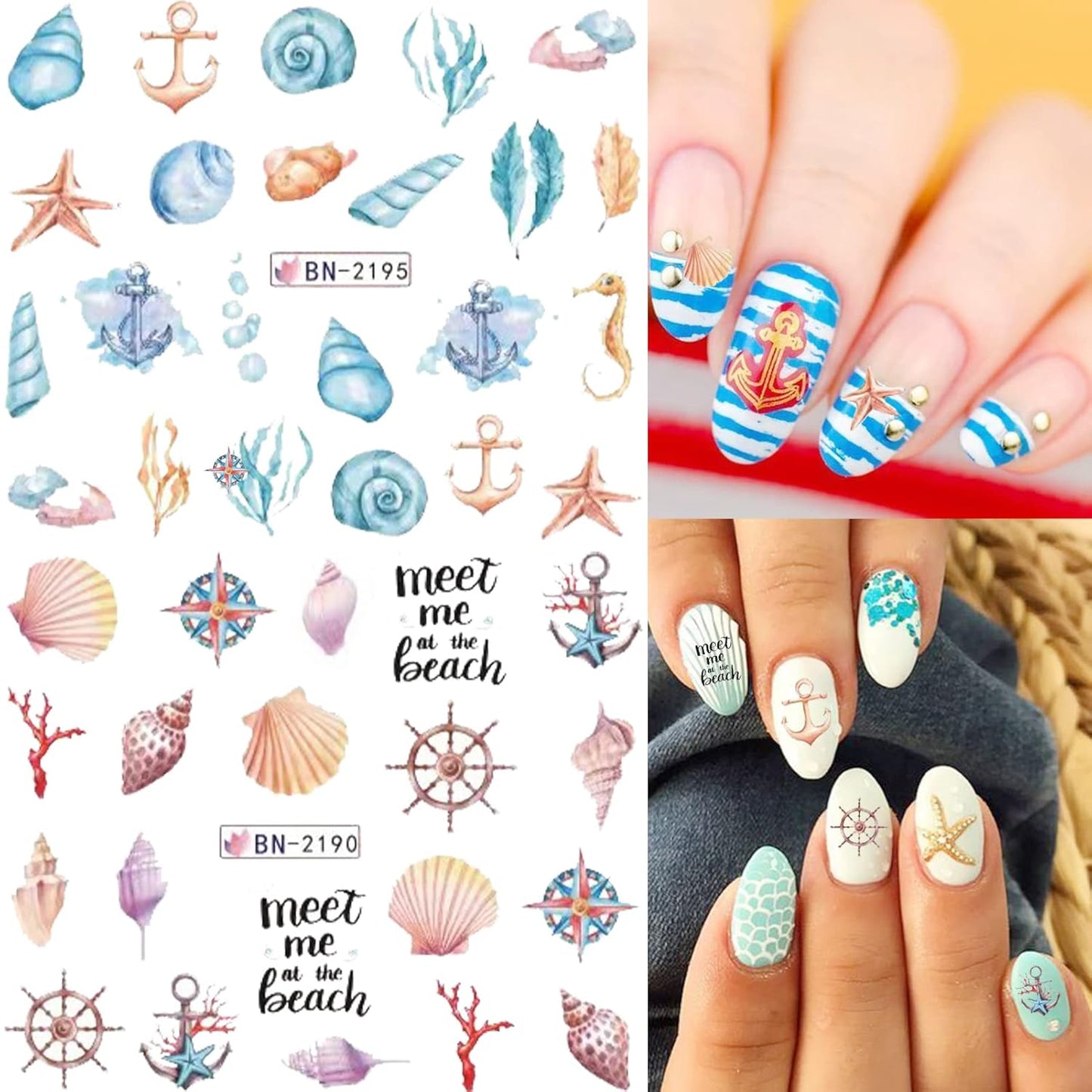 36 Sheets Summer Nail Art Stickers, Ocean Anchor Water Transfer Nail Decals, Shark Seashell Sea Turtle Design DIY Manicure Decorations for Girls Women-Velvo Beauty