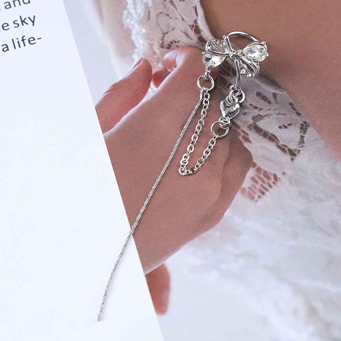 Vintage Crystal Bow Ear Cuff Earrings Rhinestone Bow Cuff Earrings Silver Long Chain Tassel Earrings Cz Chain Dangle Earrings Jewelry for Women-Velvo Beauty