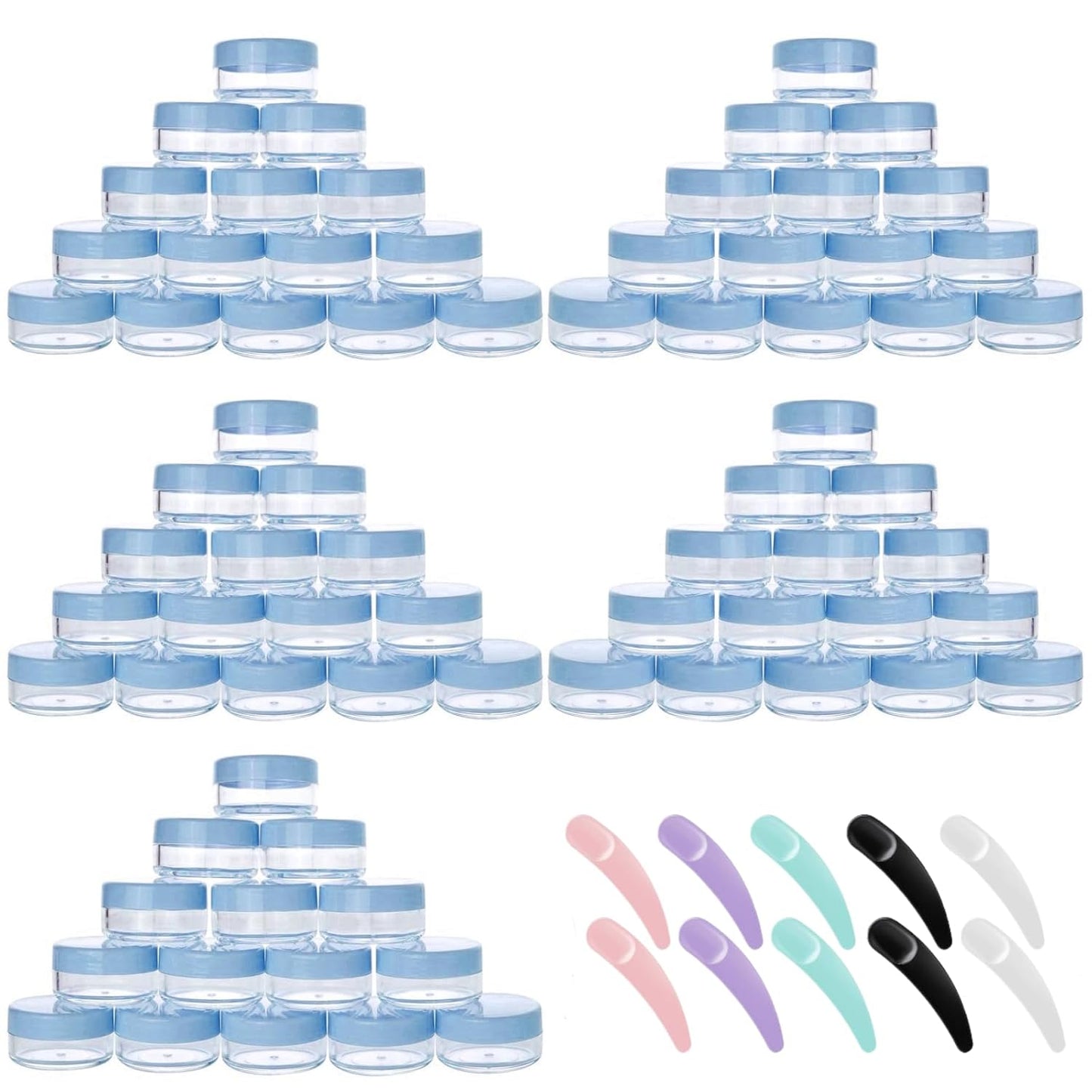 Refillable Cosmetic Sample Jars - 100 Pack 10g (0.35oz) Blue Small Travel Containers with Lids + 10 Mini Makeup Spatulas - BPA Free-Velvo Beauty