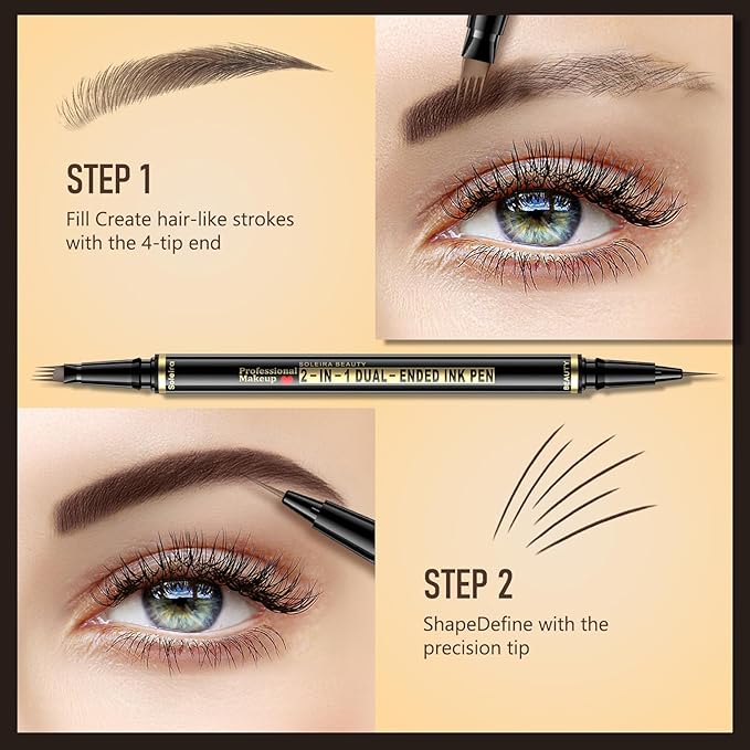 Eyebrow Pen, Soleira Waterproof Eyebrow Pencil with 4 Tip Microblading Eyebrow Pen and Dual-ended Eyebrow Brush, for Natural-Looking Brows, Long-Lasting, V2 Dark Brown-Velvo Beauty