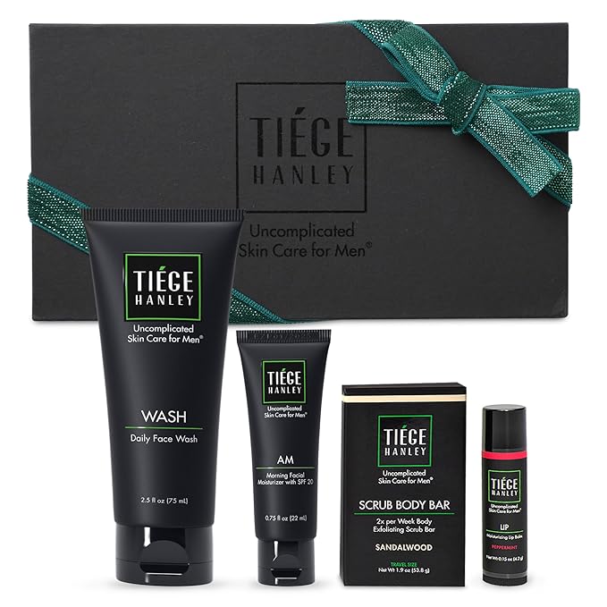 Tiege Hanley Mens Skin Care Gift Box Set, Bronze - Men's Skincare Set Includes Face Wash, Facial Moisturizer with SPF 20 Sunscreen, Body Exfoliating Scrub Bar, & Moisturizing Lip Balm-Velvo Beauty