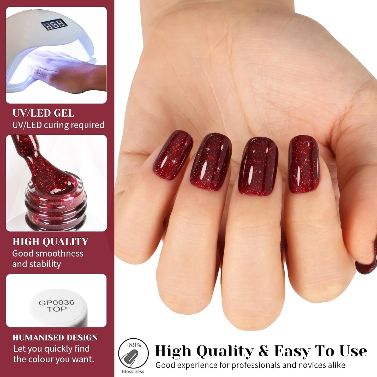 Glitter Red Gel Polish,Sparkly Shimmer Christmas Red Glitter Gel Nail Polish,0.51 Fl Oz Soak Off UV Poinsettia Gel Nail Polish for DIY Nail Art,Holiday Gifts - GP0064-Velvo Beauty