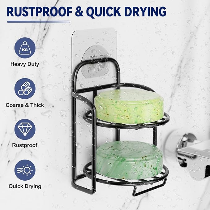 2-Tier Shower Soap Shampoo Bar Holder, Self Adhesive & Freestanding Draining Soap Dish Caddy for Bathroom Wall Accesories Decor Black-Velvo Beauty