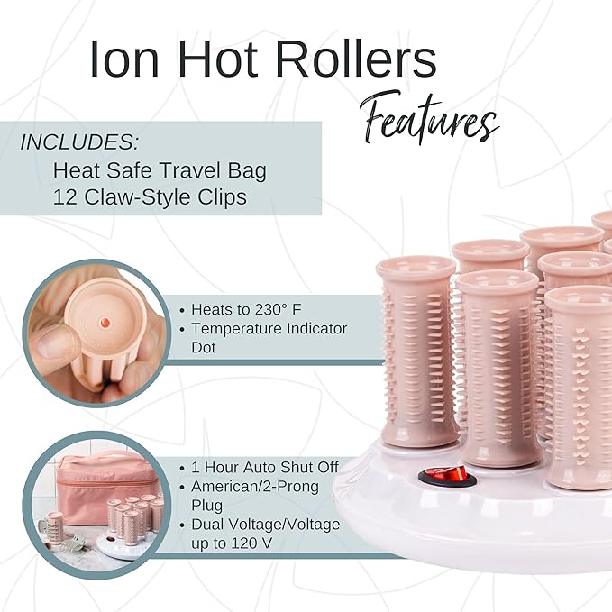 CALISTA Ion Hot Rollers for Long Hair | Hair Roller Clips Included | Heats to 230°F | Dual Voltage | Add Hands-Free Curls, Waves, and Volume (Pink, Long - 12)-Velvo Beauty