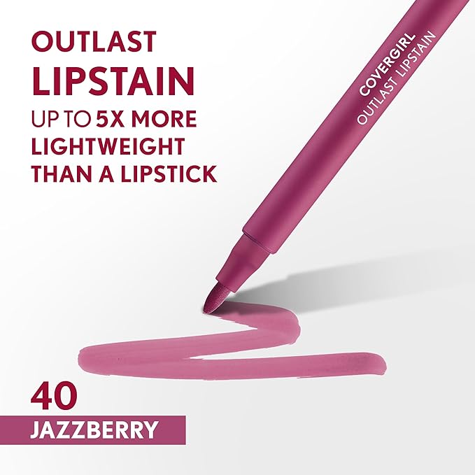 COVERGIRL Outlast, 40 Jazzberry, Lipstain, Smooth Application, Precise Pen-Like Tip, Transfer-Proof, Satin Stained Finish, Vegan Formula, 0.06oz-Velvo Beauty