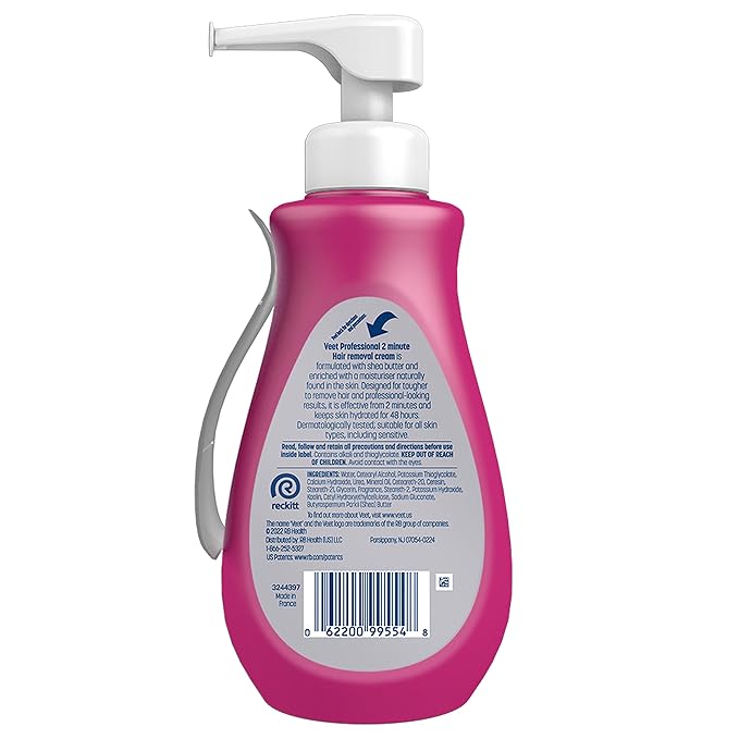 VEET Professional 2 Minute Hair Removal Cream For All Skin Types with Shea Butter | Effective Full Bikini Hair Removal, Pubic Hair Removal Gel | Dermatologically Tested | 13.5 FL OZ Bottle w/Spatula-Velvo Beauty