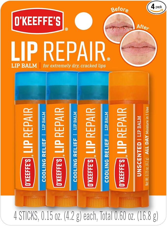 O'Keeffe's Lip Repair Lip Balm for Dry, Cracked Lips, Stick, (Pack of 4: 3 Cooling + 1 Unscented)-Velvo Beauty