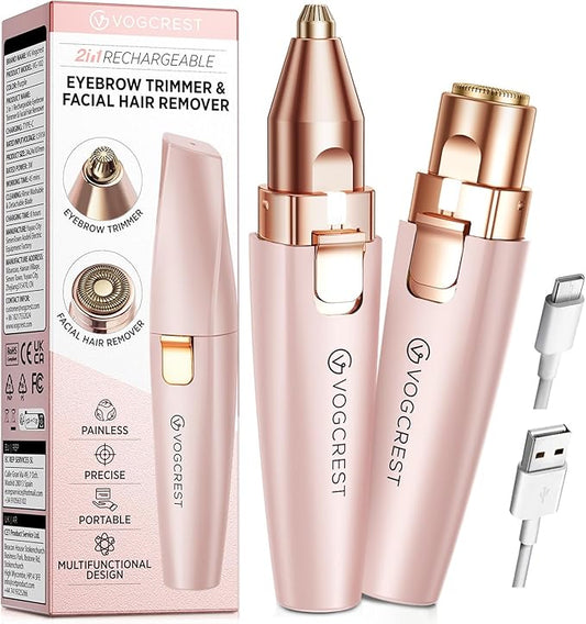 Eyebrow Facial Trimmer: 2 in1 Rechargeable Facial Hair Removal and Eyebrow Shaver - Face Lips Body Painless Facial Razor with Built-in LED Light (Pink)-Velvo Beauty