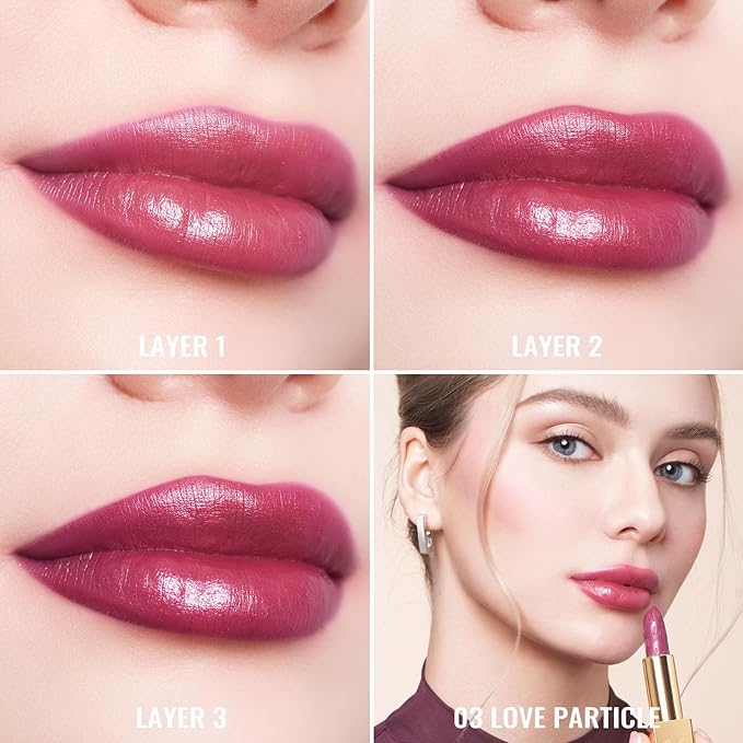 Oulac Burgundy Lipstick for Women with Metallic 3D Shine Lightweight Hydrating Formula, High Impact Lip Color, Vegan Beauty, Full Coverage Lip Makeup, Christmas Gifts for Women, Love Particle(03)-Velvo Beauty