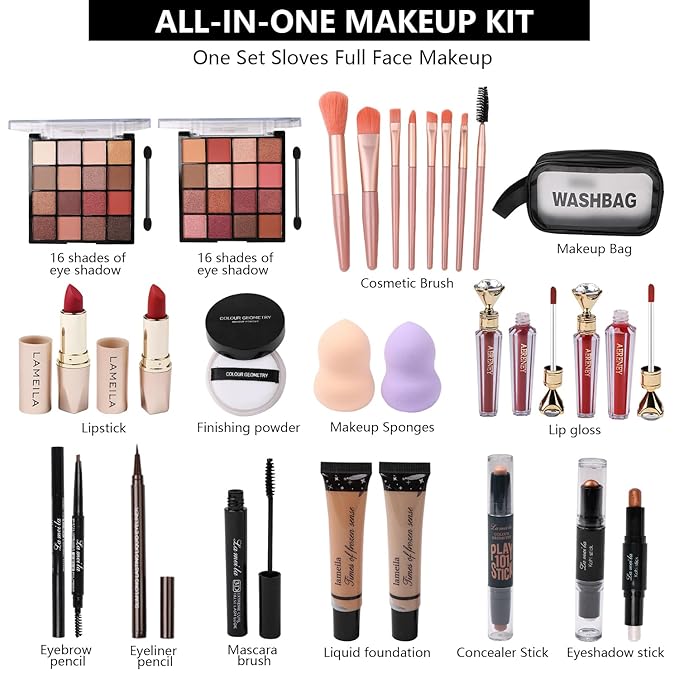 All in One Makeup Kit For Women Girls Teens 2x16 Colors Eyeshadow Palette Liquid Foundation Eyeliner Pencils Contouring Stick Lip Gloss Eyebrow Pencils Mascara Powder Puff Makeup Brushes Makeup sets-Velvo Beauty