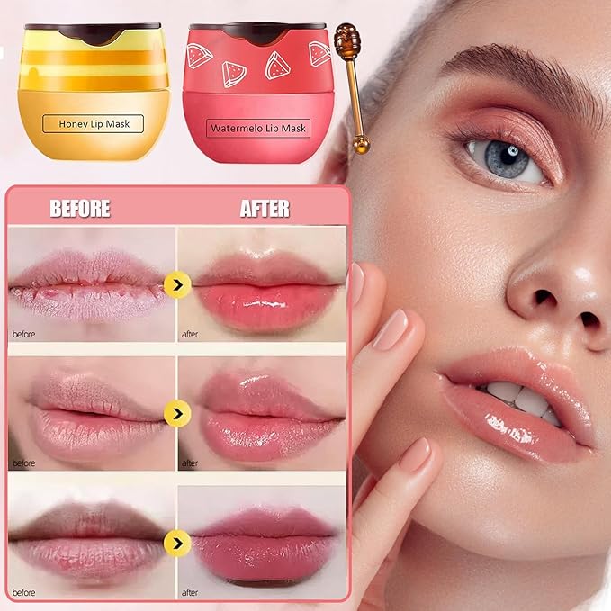 3 PCS Bee Lip Balm Honey Pot, Honey&Strawberry&Watermelon Lip Sleeping Mask Hydrating Prevention Dry and Cracked Lip Scrubs Exfoliator Lip Care, Overnight Lip Mask Reduces Lip Lines-Velvo Beauty