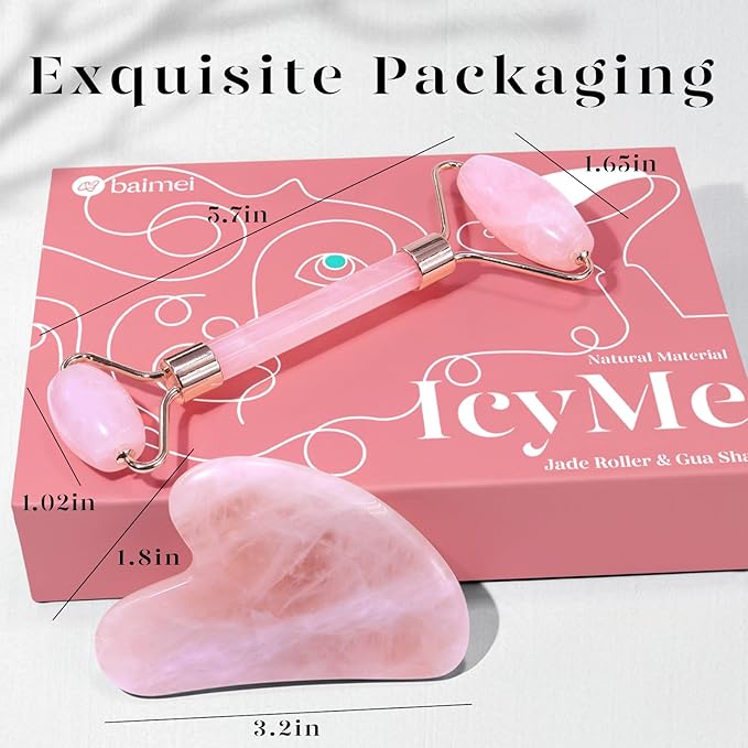 BAIMEI IcyMe Jade Roller & Gua Sha, Face Roller Redness Reducing Skin Care Tools, Self Care Pink Gift for Men Women, Massager for Face, Eyes, Neck, Relieve Fine Lines and Wrinkles - Rose Quartz-Velvo Beauty