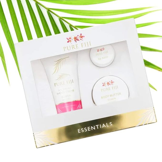 Pure Fiji Essentails Gift Set for Skin Care Hydrating Skincare Set Include - Lip Balm (0,16 Fl. Oz), Body Butter (0.50 Fl. Oz), Hand Crème(1.18 Fl. OZ) Daily Moisturizer Set - Guava-Velvo Beauty