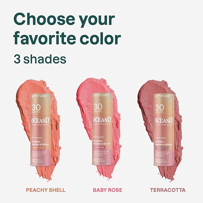 ATTITUDE Oceanly Tinted Lip Balm with SPF 30, EWG Verified, Plastic-Free, Broad Spectrum UVA/UVB Protection with Zinc Oxide, Vegan, Unscented, Peachy Shell, 0.3 Ounce-Velvo Beauty