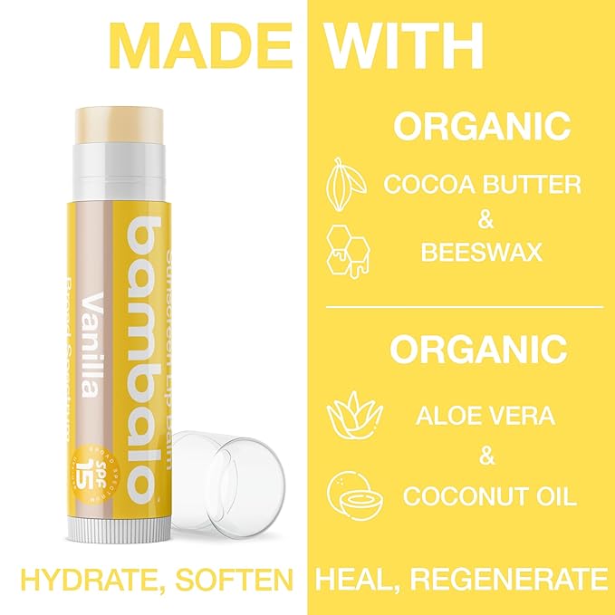 4-Pack Vanilla SPF 15 Lip Balm - Organic Ingredients, Broad Spectrum UVA/UVB Protection - Hydrating & Moisturizing, USA Made-Velvo Beauty