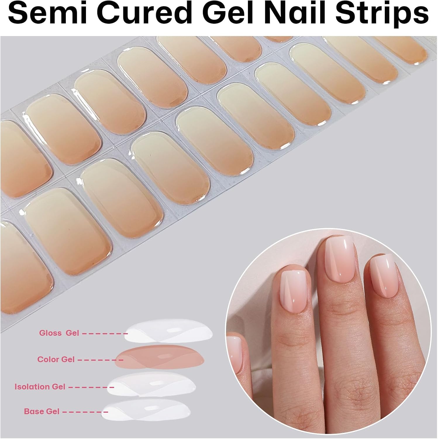Semi Cured Gel Nail Strips Nude Ombre Gel Nail Strips Glossy Stickers Wraps Need UV/LED Light Salon Quality & Easy to Use for Women 20 Pcs-Velvo Beauty