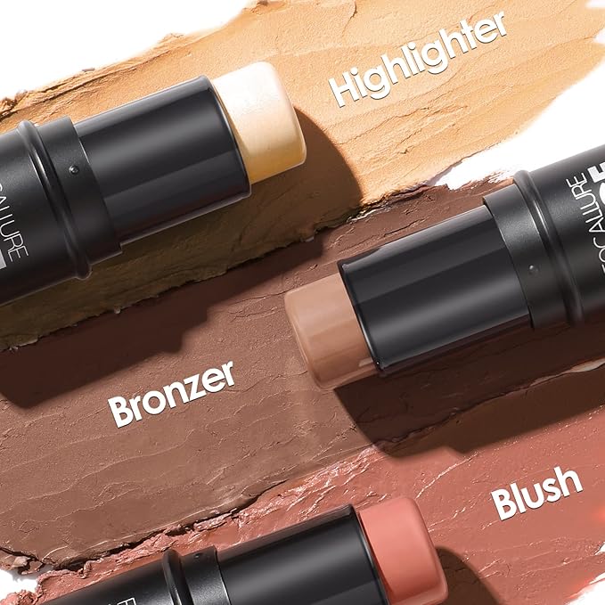 FOCALLURE 3 Pcs Cream Contour Sticks,Shades with Highlighter & Bronzer & Blush,Non-greasy Long-wear Face Contouring Pen,Easy to Sculpt the Face and Create a Lightweight Finishing Makeup,MEDIUM-WARM-Velvo Beauty