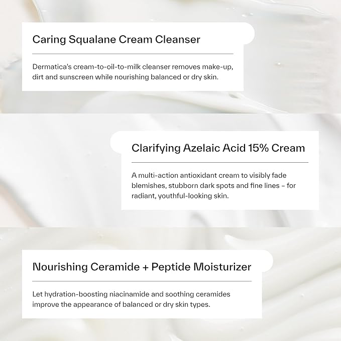 Dermatica Brightening & Barrier Repair Kit, Caring Squalane Cleanser (150ml), Clarifying Azelaic Acid 15% Cream (30ml), Nourishing Ceramide + Peptide Moisturiser (50ml)-Velvo Beauty