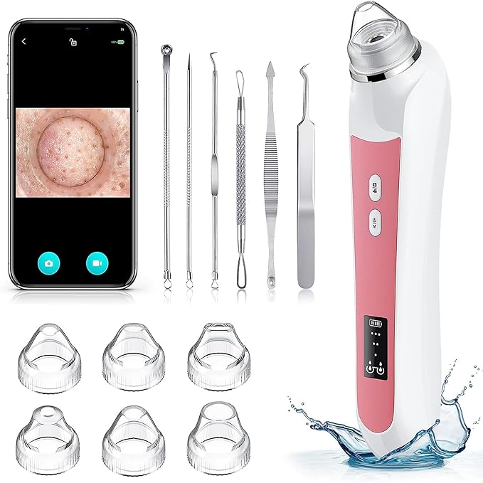 Blackhead Remover Vacuum, USB Interface Type Pore Vacuum, Black Head Extractions Tool with Camerafor, Men and Women Pore Cleaner, 3 Adjustment Modes & 6 Suction Heads(Light Pink)-Velvo Beauty