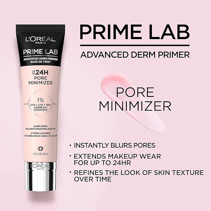 L'Oreal Paris Prime Lab Up to 24H Pore Minimizer Face Primer Infused with AHA, LHA, BHA Complex to Smooth and Extend Makeup Wear, 1.01 Fl Oz-Velvo Beauty
