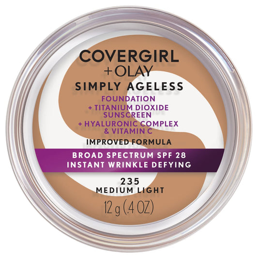 COVERGIRL Simply Ageless Instant Wrinkle Defying Foundation, SPF 28, Hyaluronic Complex & Vitamin C - 235 Medium Light, Pack of 1-Velvo Beauty