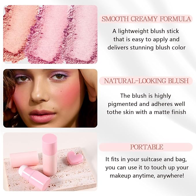 Boobeen Blush Stick, Lightweight Blendable Blush Tint Cheek Blusher, Blush Makeup Stick with Cushion Applicator, Smooth Creamy Blush Beauty Wand for Cheek Lip Eye, Creates Natural Matte Finish-Velvo Beauty