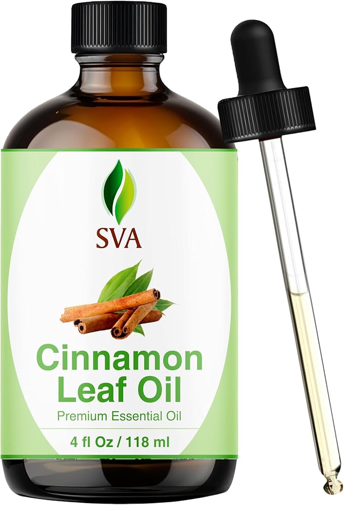 SVA Cinnamon Leaf Essential Oil – 4 Fl Oz – 100% Natural Cinnamon Oil - for Diffuser, Hair Care, Face, Skin Care, Aromatherapy, Scalp and Body Massage, Soap and Candle Making – with Dropper-Velvo Beauty