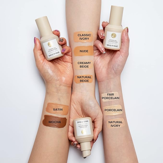 MISTINE Full Coverage Foundation Makeup for Oily Skin,24 Hour Oil Control Liquid Foundation,Skin-Caring,Moisturizing Formula,Cream Foundation,Matte Finish,Creamy Beige,1 Fl Oz-Velvo Beauty