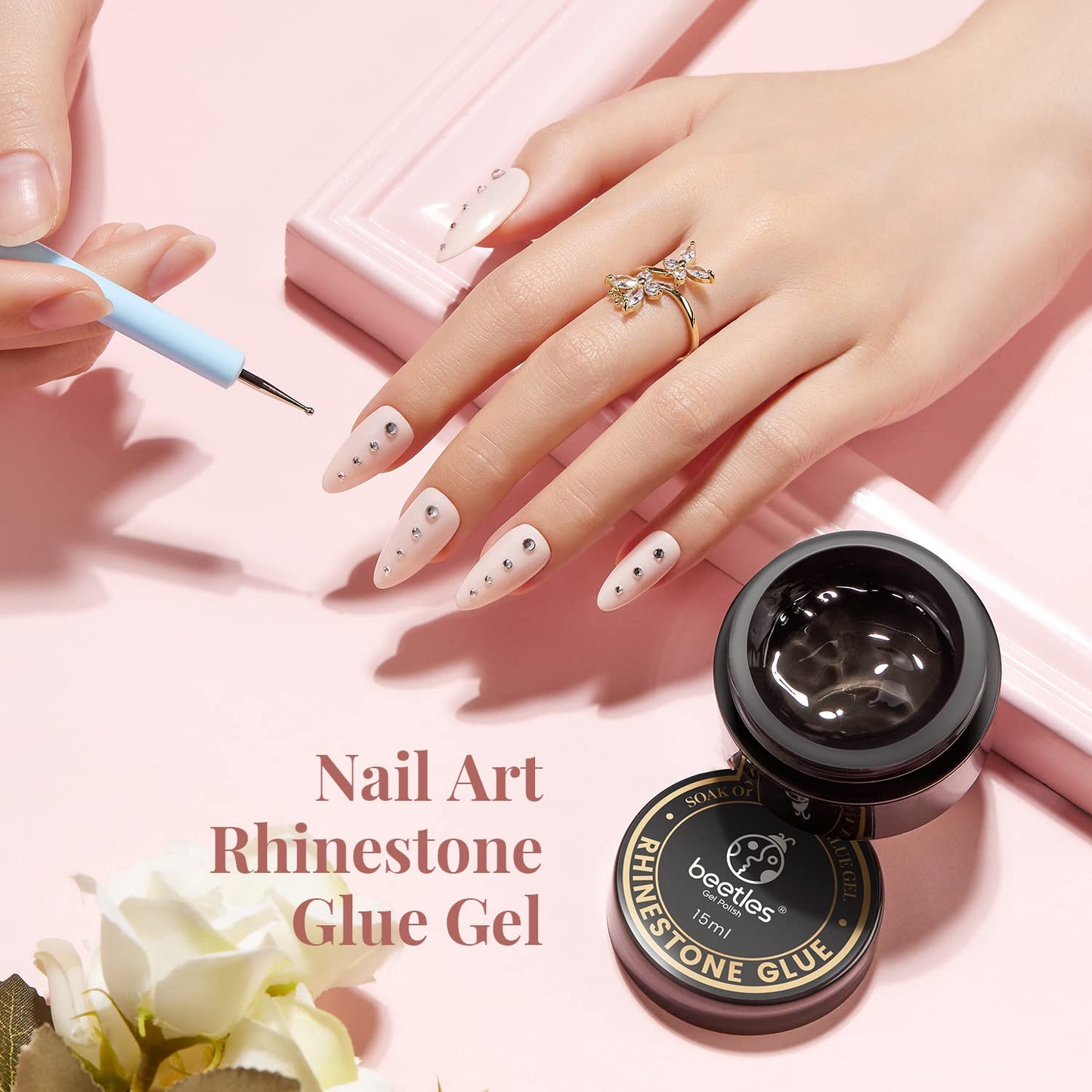 Beetles Rhinestone Glue for Nails with 2 Dual Purpose Brush Pen, 1Pcs 15ml Nail Glue for Nail Art Adhesive Resin Gems Diamonds Jewelry Decoration Soak Off Led Lamp Fall Nails Gifts for Women-Velvo Beauty