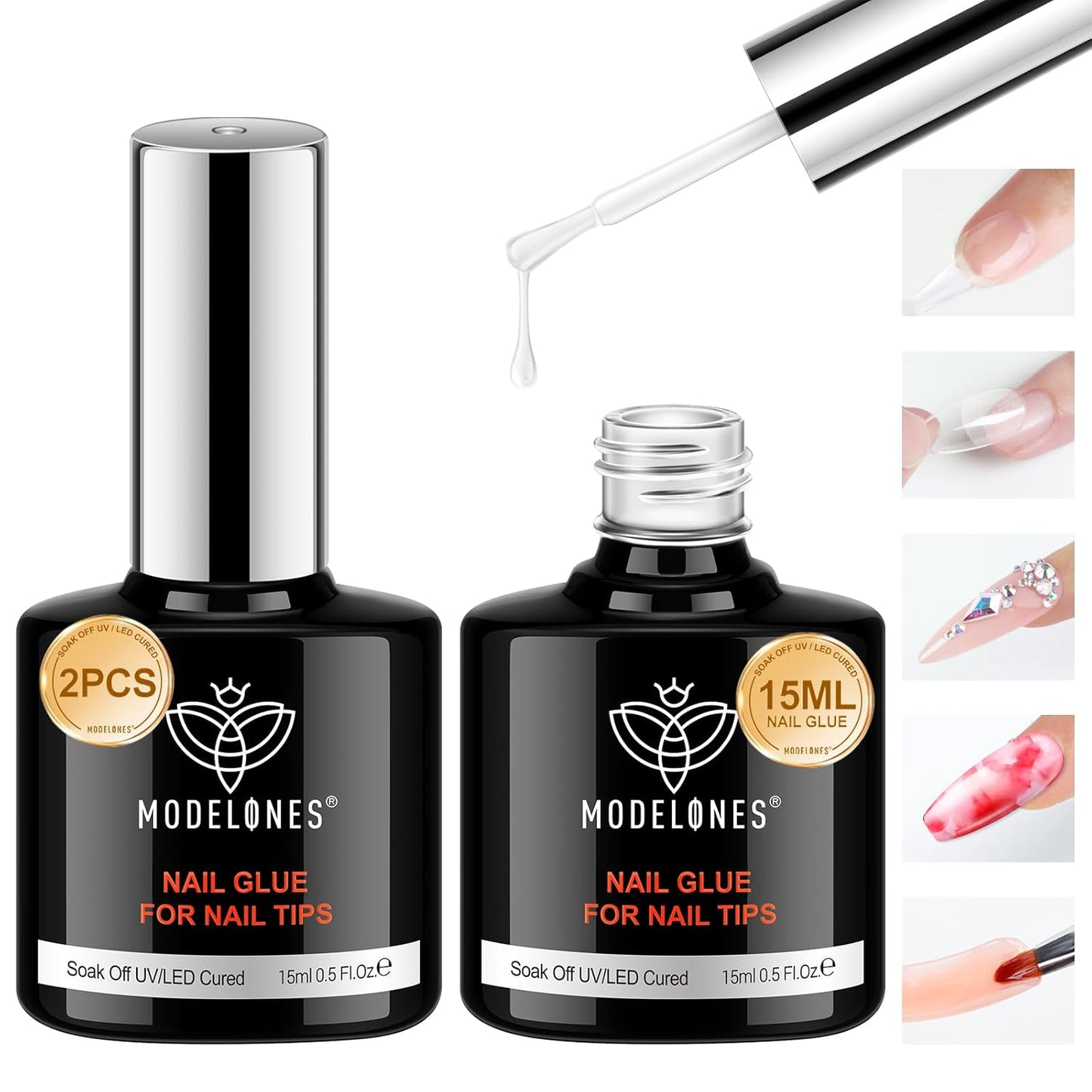 modelones 9 in One Gel Nail Glue Brush On Nail Glue 15 ml for Tips, Rhinestones, Base Coat, Blooming Art Gel Kit for Press on Nails Acrylic Tips U V Lamp Needed 2Pcs-Velvo Beauty
