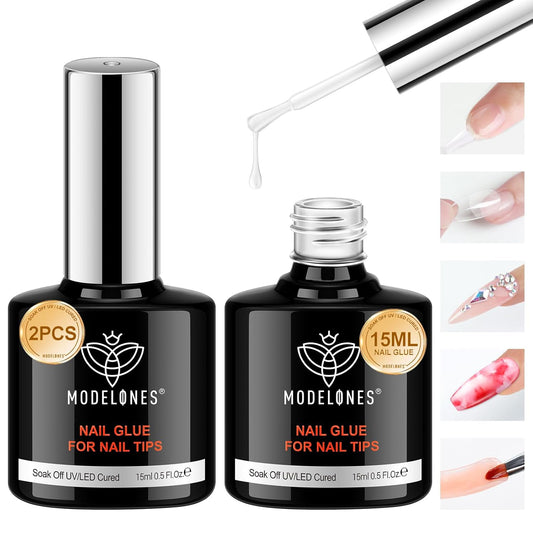modelones 9 in One Gel Nail Glue Brush On Nail Glue 15 ml for Tips, Rhinestones, Base Coat, Blooming Art Gel Kit for Press on Nails Acrylic Tips U V Lamp Needed 2Pcs-Velvo Beauty