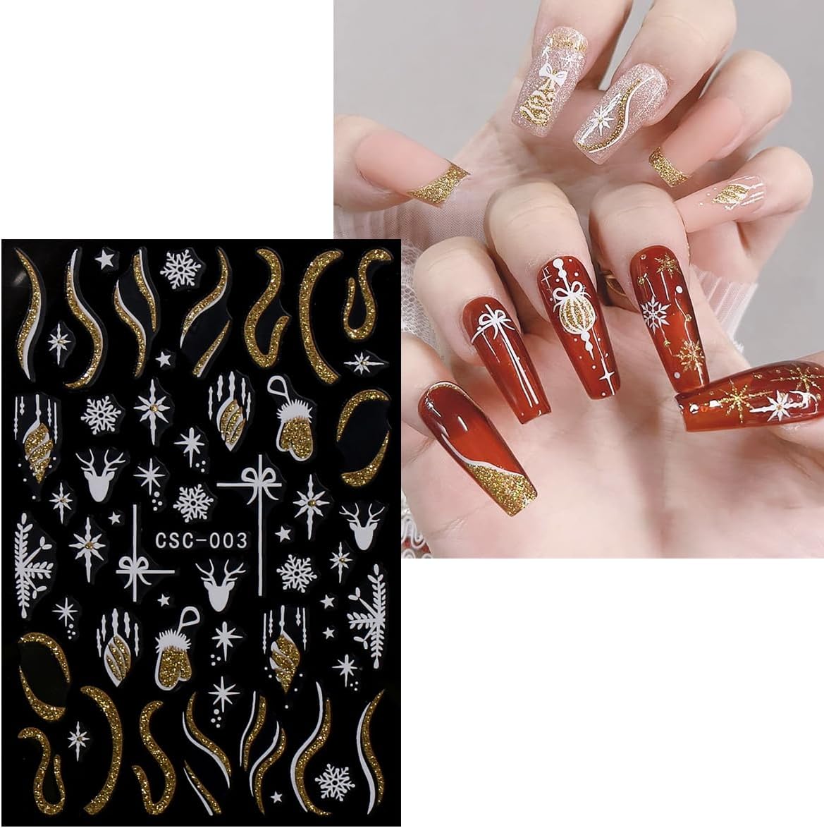 JMEOWIO 8 Sheets Christmas Glitter Nail Art Stickers Decals Self-Adhesive Snowflake Winter Holiday Cute Nail Supplies Nail Art Design Decoration Accessories-Velvo Beauty