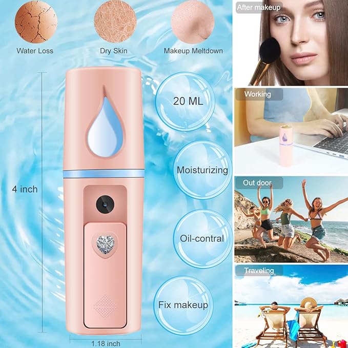 Nano Facial Mister Portable Mist Sprayer with Mirror Mini Cool Mist Spray for Skin Care & Facial Body Moisturized & Eyelash Extensions, USB Rechargeable (Pink)-Velvo Beauty
