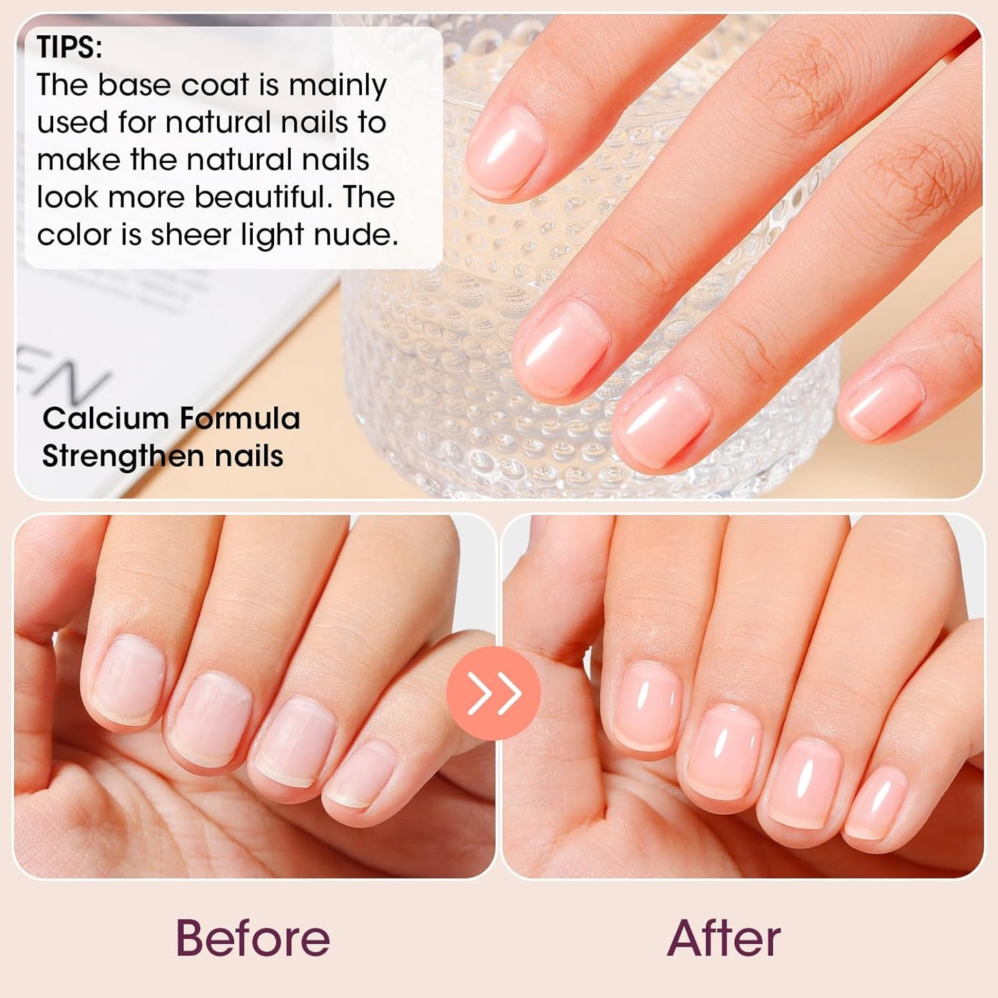 GELLEN Clear Nail Polish Base Coat Sheer Tinted Nude, Natural Color Regular Nail Polish, Calcium Formula Strengthens Nails, Enhances Natural Look, Quick Air Dry, Anti-Yellowing, Hema Free, Non-toxic-Velvo Beauty