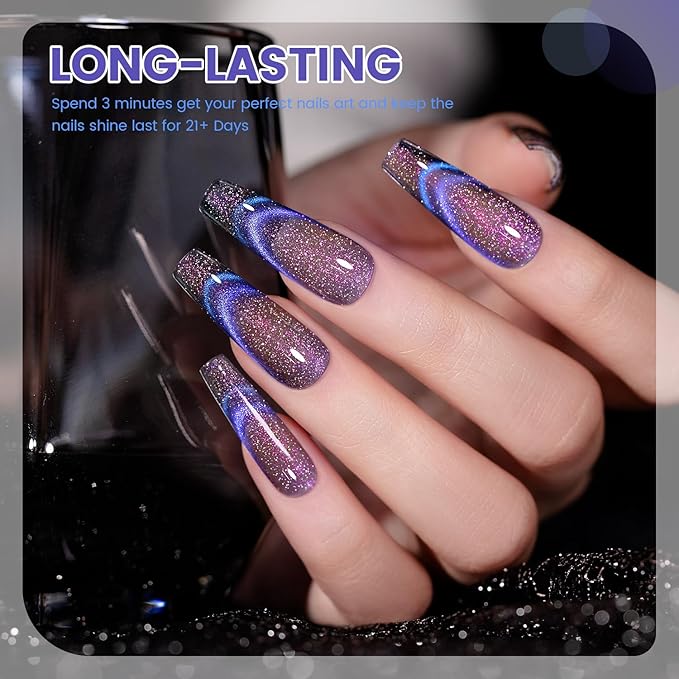 RARJSM 9D Chameleon Glass Cat Eye Gel Nail Polish Set 6Pcs Pink Purple Blue Green Yellow Multi Color Cateye Galaxy Shimmer Gradient Effect with Magnetic Stick UV LED Curing Require Home Salon-Velvo Beauty