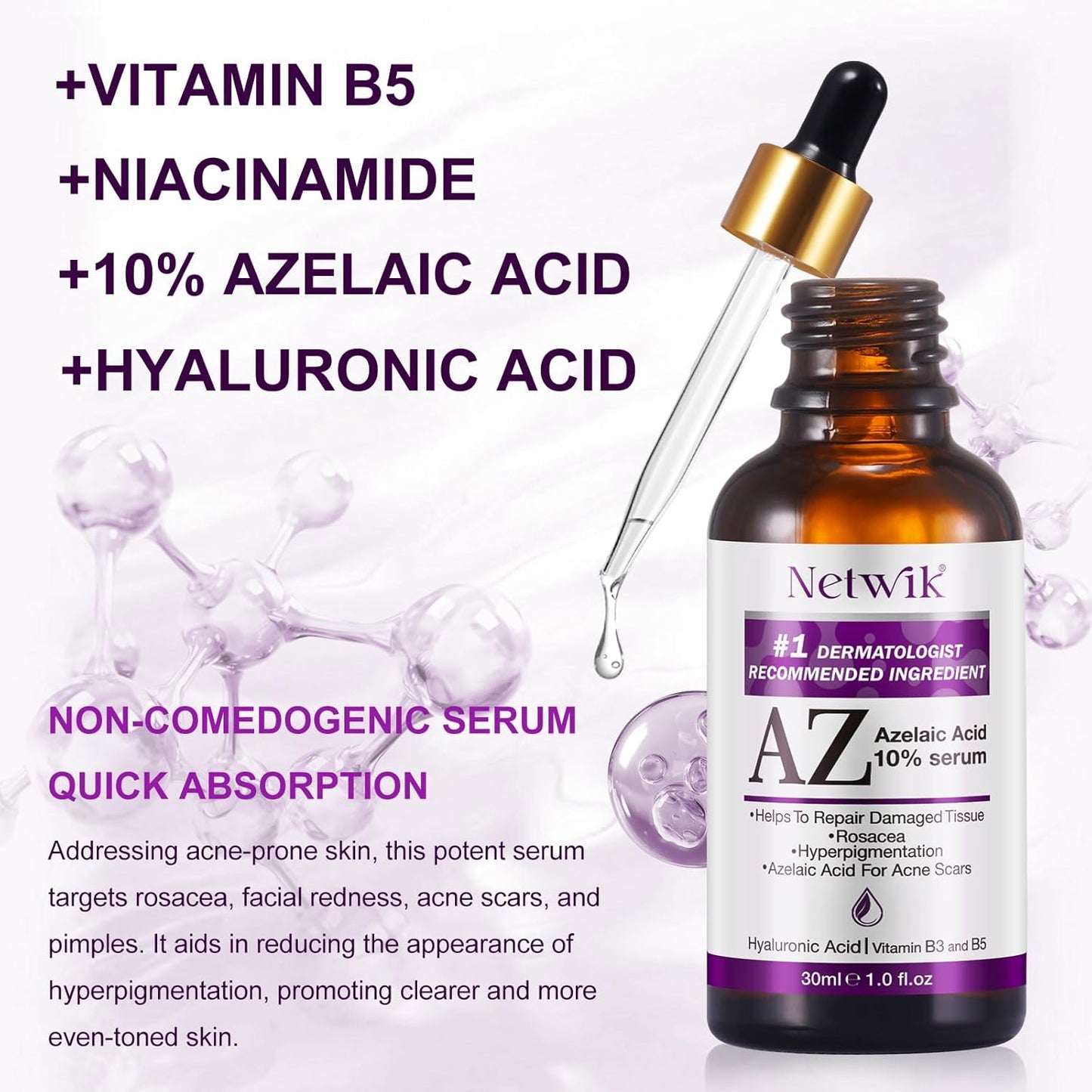 Azelaic Acid Serum - Azelaic Acid 10% for Acne Treatment - Fast Rosacea Skin Care - Redness Relief Face and Boost Skin Radiance with Niacinamide & Vitamin B3, B5 and Hyaluronic Acid, 1 Fl Oz-Velvo Beauty