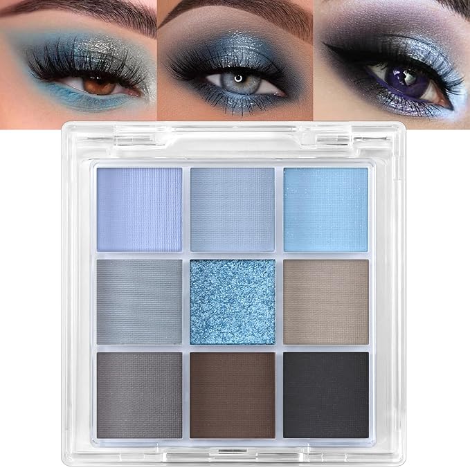 Erinde 9 Colors Eyeshadow Palette, Matte Shimmer Glitter Eye Shadow Palette Makeup, Highly Pigmented Long Lasting Waterproof, Natural Neutral Nude Eyeshadow Make Up Pallet, Blue-Velvo Beauty
