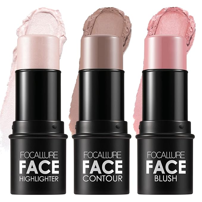 FOCALLURE 3 Pcs Cream Contour Sticks,Shades with Highlighter & Bronzer & Blush,Non-greasy Long-wear Face Contouring Pen,Easy to Sculpt the Face and Create a Lightweight Finishing Makeup,FAIR-LIGHT-Velvo Beauty