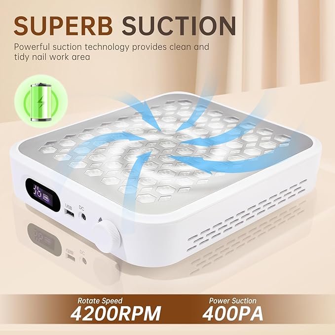 Nail Dust Collector, Rechargeable Dust Collector Nail Tech, Powerful Vacuum Fan Vent Dust Collector Extractor Dust Suction Machine for Acrylic Nails Polishing, Nail Salon&Home-Velvo Beauty
