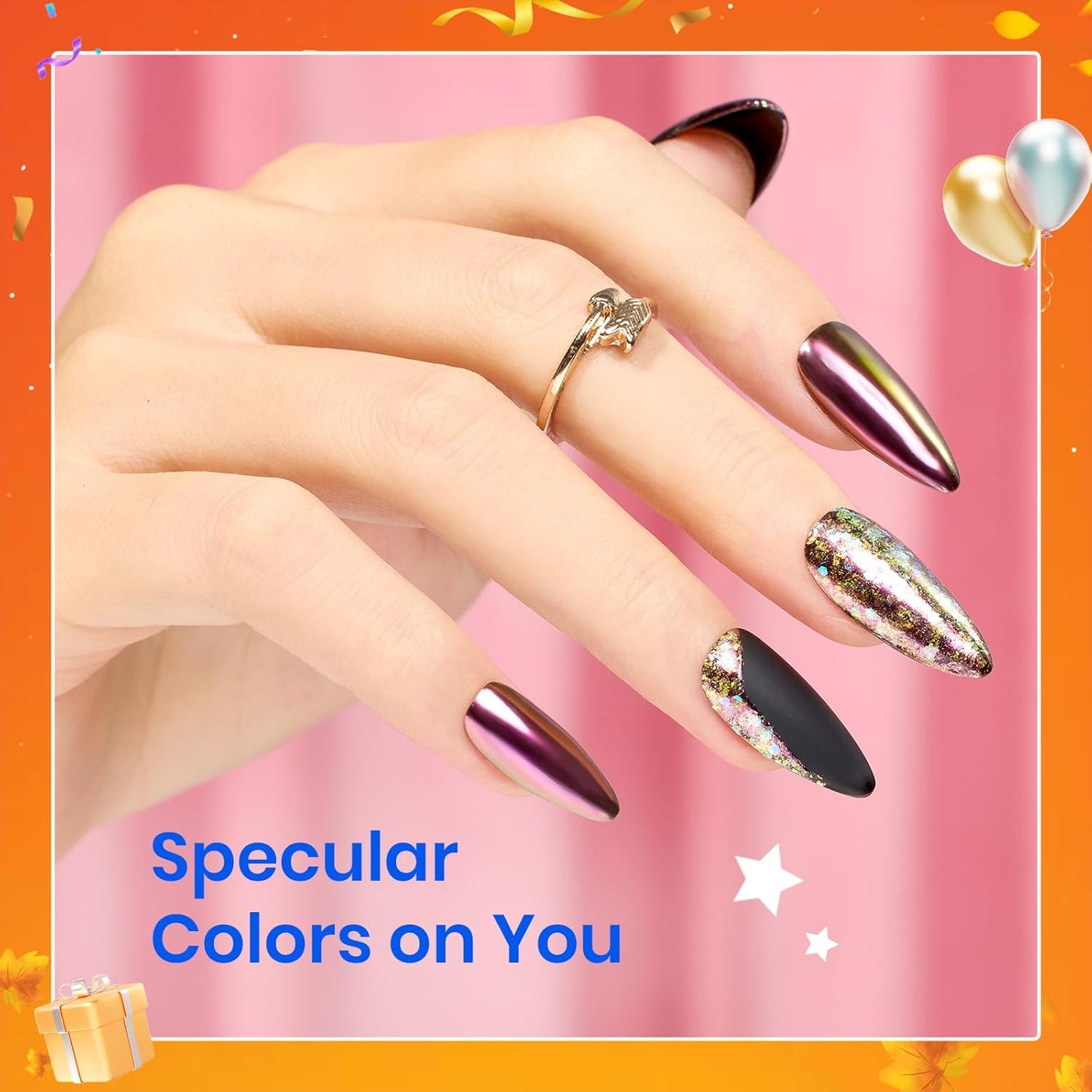 Beetles Chrome Nail Powder Gold Silver Mirror Effect 8 Colors Holographic Aurora Iridescent Pearlescent Manicure Nail Art Decoration Glitter Cromer Nail Powder for Nails 1g/Jar Gift for Women-Velvo Beauty