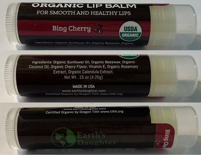 USDA Organic Lip Balm 4-Pack by Earth's Daughter - Cherry Flavor, Beeswax, Coconut Oil, Vitamin E - Best Lip Repair Chapstick for Dry Cracked Lips.-Velvo Beauty