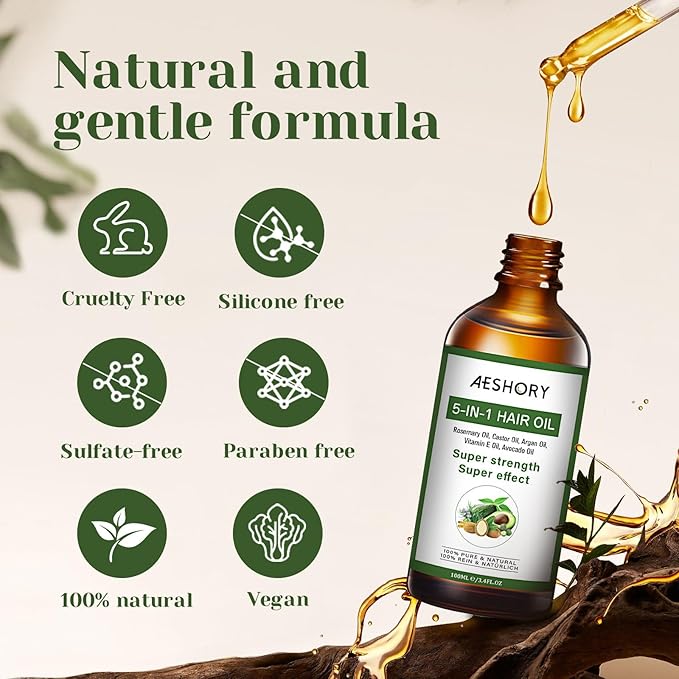 Aeshory Hair Oil - 5 IN 1 Hair Care Oil with Rosemary, Castor, Argan, Vitamin E, and Avocado for Hair Growth and Strengthening - Nourishing and Volumizing 3.38 fl oz-Velvo Beauty