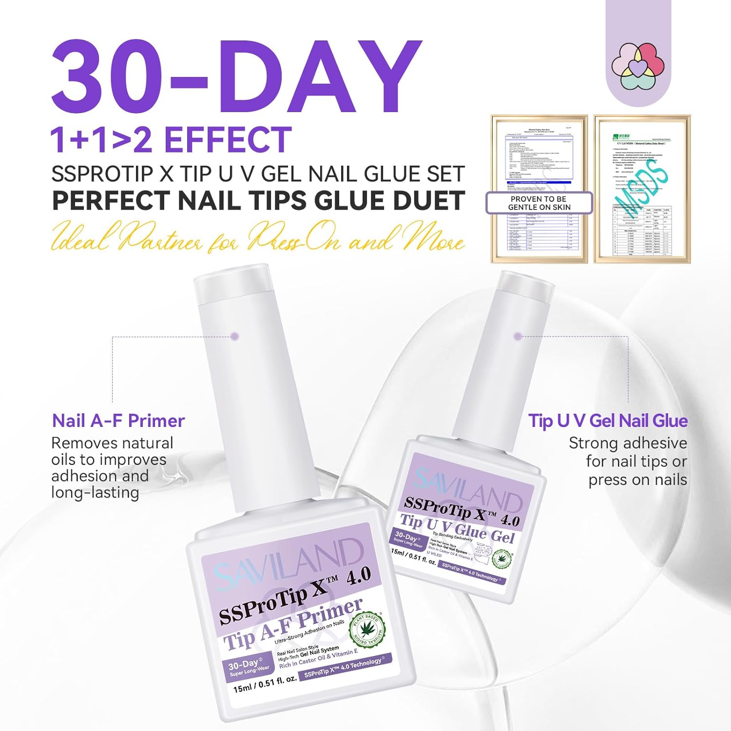 SAVILAND Gel Nail Glue & Nail Primer Set: 30-Day Long Lasting Extra Strong Nail Glue Gel with Nail Primer Rich in Castor Oil Vitamin E for Gel Glues for Nails False U V Lamp Required SSProTip X 4.0-Velvo Beauty