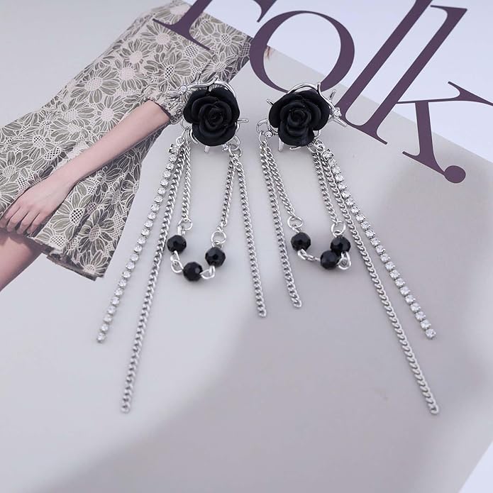 Punk Black Rose Flower Earring Long Rhinestone Chain Drop Earrings Silver Cz Tassel Chain Earrings Black Rose Flower Ear Cuff Earring Jewelry for Women-Velvo Beauty