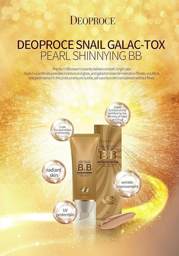 Deoproce Pearl Shining BB Cream Snail Galac SPF50+/PA+++ Face Moisturizer Skin Tone Correction Blemish Covering UVA/UVB Block reduction Korean Makeup Anti Wrinkle (#21 Natural Beige)-Velvo Beauty