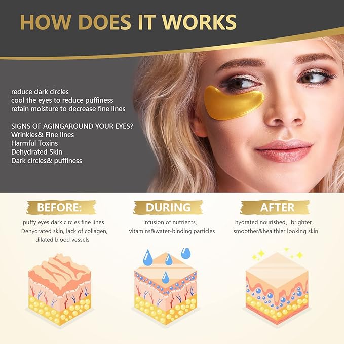 24K Gold Eye Mask, 30 Pairs, Natural Anti-aging Eye Pads for Puffy Eyes, Dark Circles, and Eye Bags with Amino Acid & Collagen, with Revitalize and Hydrate Your Skin-Velvo Beauty