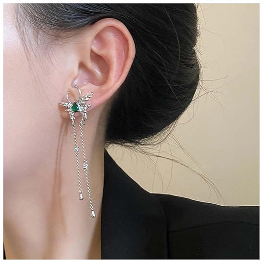 Vintage Emerald Butterfly Earrings Silver Chain Tassel Drop Earrings Butterfly Emerald Stud Earings Long Cz Chain Earrings Jewelry for Women and Girls-Velvo Beauty