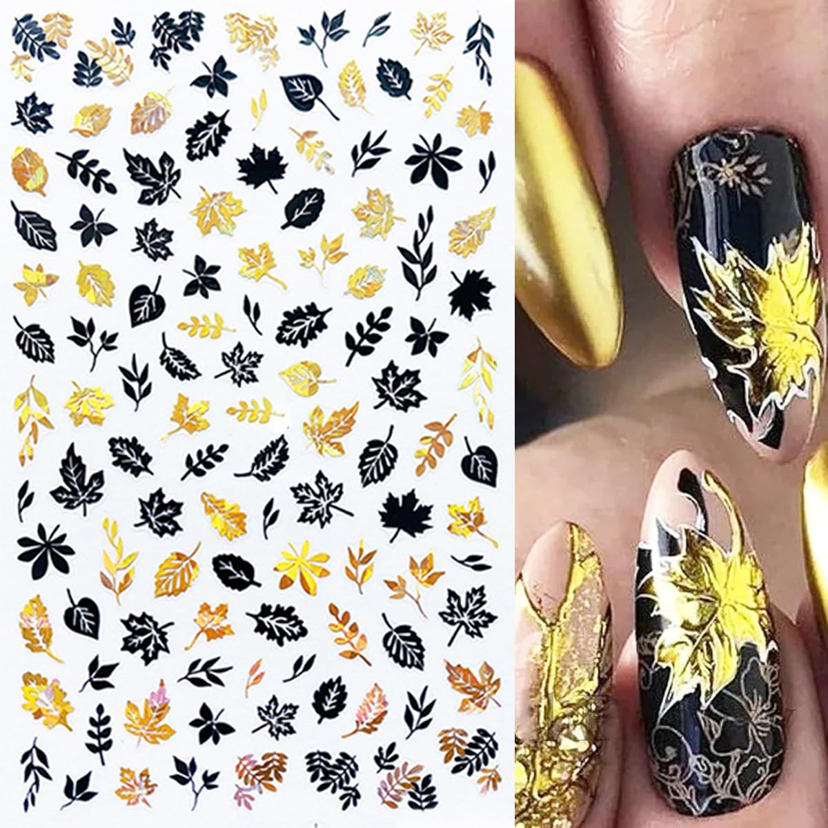 8 Sheets Fall Leaves Nail Art Stickers Gold Maple Leaf Self-Adhesive Nail Decals 3D Stickers Foil Autumn Maple Nail Designs Laser Shiny Manicure Tip Fall Nail Decorations for Thanksgiving Day Supplies-Velvo Beauty
