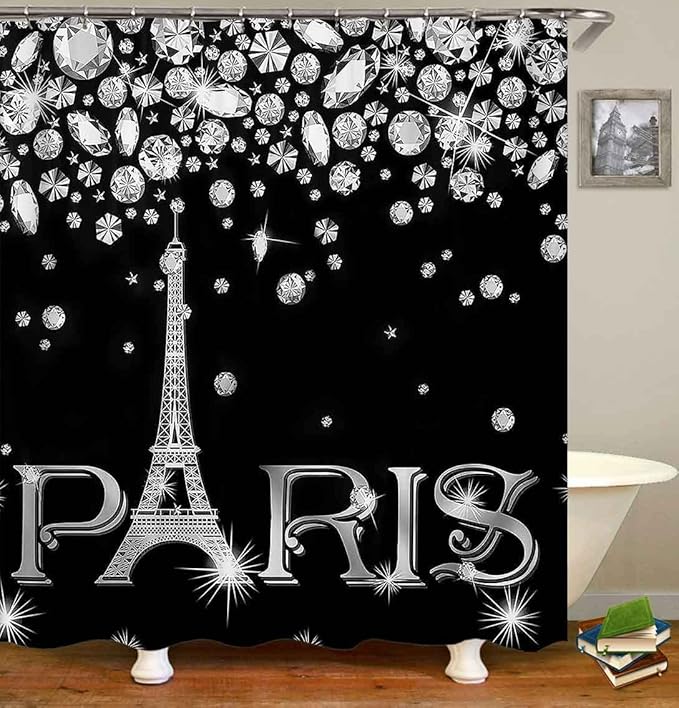 4PCS Eiffel Tower Shower Curtain Set, Luxury Jewelry Rhinestone Bling Diamond Paris Bathroom Decor, Waterproof Fabric Black Shower Curtain, Non-slip Bath Mat Toilet Lid Cover Bathroom Rugs-Velvo Beauty
