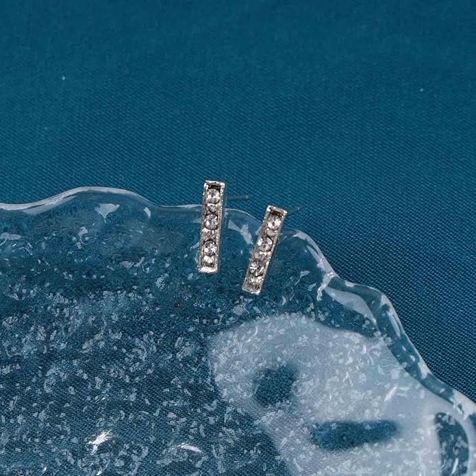 Geometric Crystal Bar Earrings Silver Cz Bar Stick Earrings Cz Rhinestone Bar Stud Earrings Silver Minimalist Earrings Jewelry for Women and Girls-Velvo Beauty